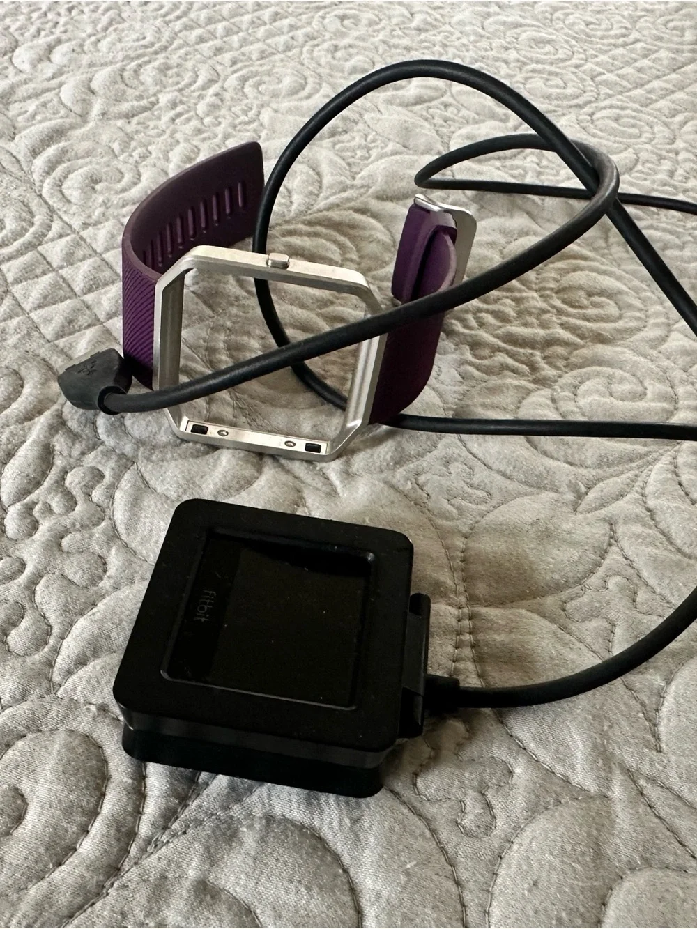 Fitbit Blaze with Purple Silicone Band and Black Charging Dock and Silver Frame